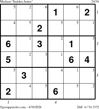 The grouppuzzles.com Medium Sudoku-Junior puzzle for Thursday April 30, 2026 with all 6 steps marked