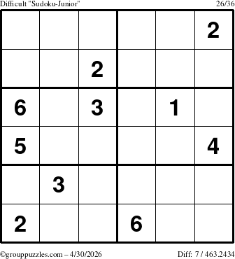 The grouppuzzles.com Difficult Sudoku-Junior puzzle for Thursday April 30, 2026
