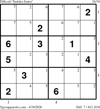The grouppuzzles.com Difficult Sudoku-Junior puzzle for Thursday April 30, 2026 with all 7 steps marked