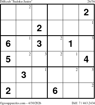 The grouppuzzles.com Difficult Sudoku-Junior puzzle for Thursday April 30, 2026 with the first 3 steps marked