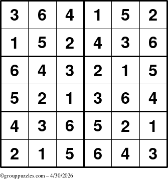 The grouppuzzles.com Answer grid for the Sudoku-Junior puzzle for Thursday April 30, 2026