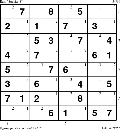 The grouppuzzles.com Easy Sudoku-8 puzzle for Thursday April 30, 2026, suitable for printing, with all 4 steps marked