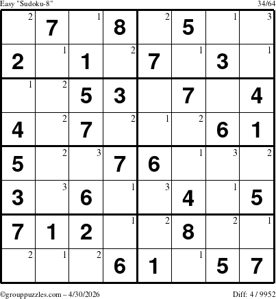 The grouppuzzles.com Easy Sudoku-8 puzzle for Thursday April 30, 2026 with the first 3 steps marked