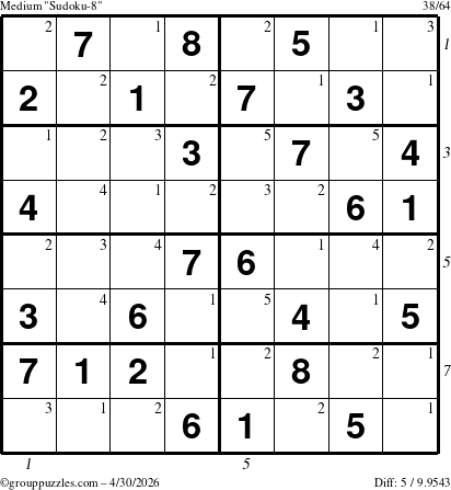 The grouppuzzles.com Medium Sudoku-8 puzzle for Thursday April 30, 2026 with all 5 steps marked