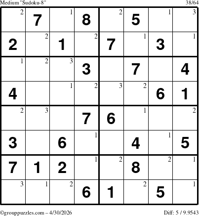 The grouppuzzles.com Medium Sudoku-8 puzzle for Thursday April 30, 2026 with the first 3 steps marked
