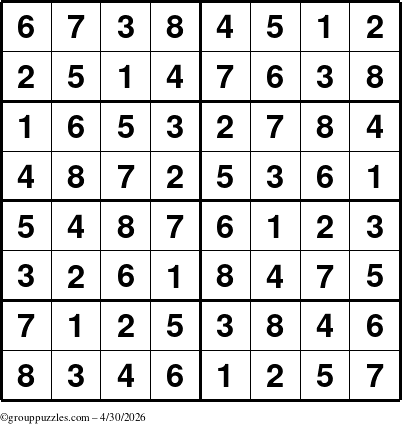 The grouppuzzles.com Answer grid for the Sudoku-8 puzzle for Thursday April 30, 2026