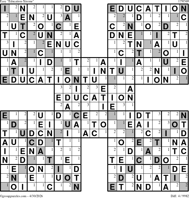 The grouppuzzles.com Easy Education-Xtreme puzzle for Thursday April 30, 2026 with the first 3 steps marked