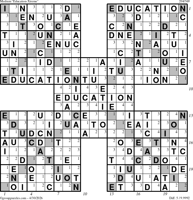 The grouppuzzles.com Medium Education-Xtreme puzzle for Thursday April 30, 2026, suitable for printing, with all 5 steps marked