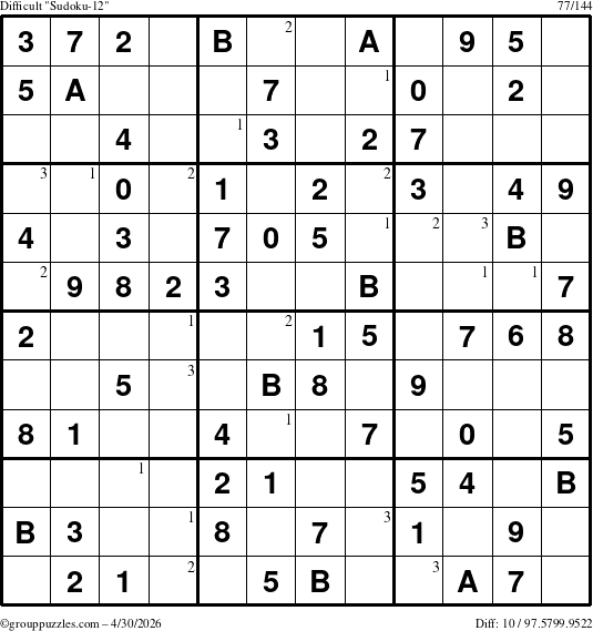 The grouppuzzles.com Difficult Sudoku-12 puzzle for Thursday April 30, 2026 with the first 3 steps marked