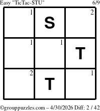 The grouppuzzles.com Easy TicTac-STU puzzle for Thursday April 30, 2026 with the first 2 steps marked