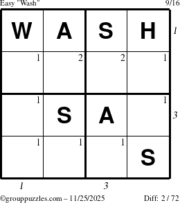 The grouppuzzles.com Easy Wash puzzle for Tuesday November 25, 2025, suitable for printing, with all 2 steps marked