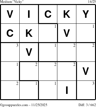 The grouppuzzles.com Medium Vicky puzzle for Tuesday November 25, 2025 with the first 3 steps marked