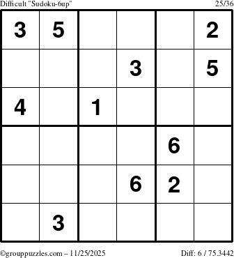 The grouppuzzles.com Difficult Sudoku-6up puzzle for Tuesday November 25, 2025