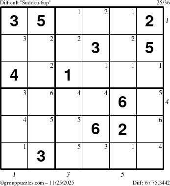 The grouppuzzles.com Difficult Sudoku-6up puzzle for Tuesday November 25, 2025, suitable for printing, with all 6 steps marked