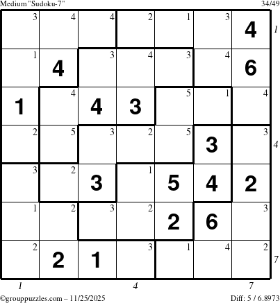 The grouppuzzles.com Medium Sudoku-7 puzzle for Tuesday November 25, 2025, suitable for printing, with all 5 steps marked
