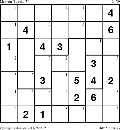 The grouppuzzles.com Medium Sudoku-7 puzzle for Tuesday November 25, 2025 with the first 3 steps marked