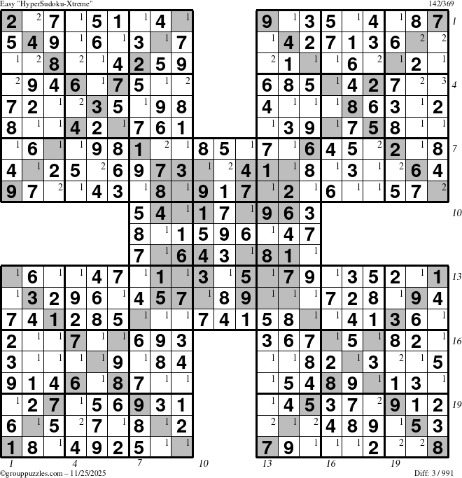 The grouppuzzles.com Easy HyperSudoku-Xtreme puzzle for Tuesday November 25, 2025, suitable for printing, with all 3 steps marked