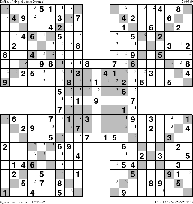 The grouppuzzles.com Difficult HyperSudoku-Xtreme puzzle for Tuesday November 25, 2025 with the first 3 steps marked