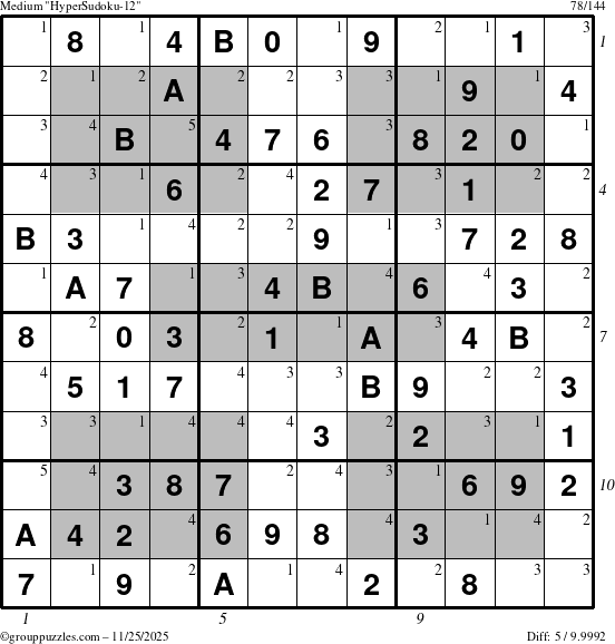 The grouppuzzles.com Medium HyperSudoku-12 puzzle for Tuesday November 25, 2025, suitable for printing, with all 5 steps marked