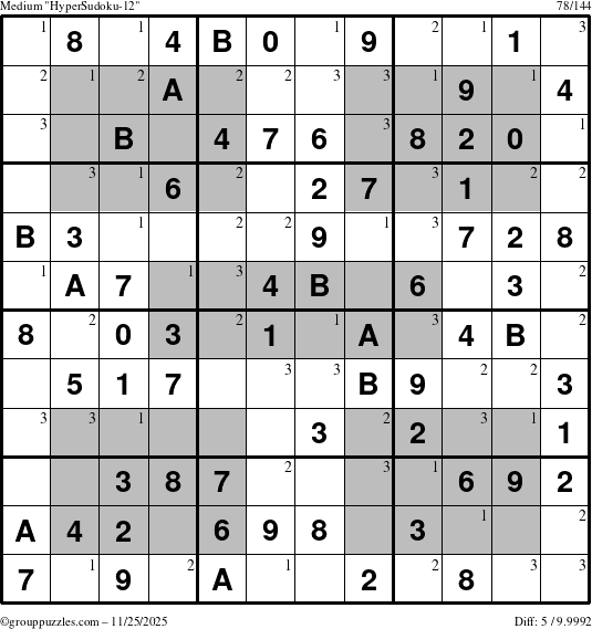 The grouppuzzles.com Medium HyperSudoku-12 puzzle for Tuesday November 25, 2025 with the first 3 steps marked
