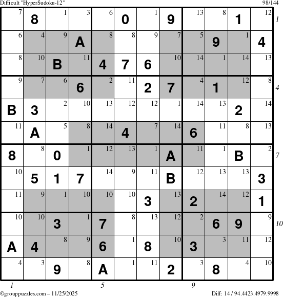 The grouppuzzles.com Difficult HyperSudoku-12 puzzle for Tuesday November 25, 2025, suitable for printing, with all 14 steps marked