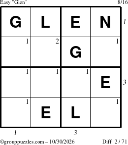 The grouppuzzles.com Easy Glen puzzle for Friday October 30, 2026, suitable for printing, with all 2 steps marked
