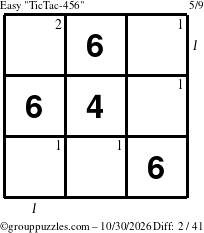The grouppuzzles.com Easy TicTac-456 puzzle for Friday October 30, 2026 with all 2 steps marked