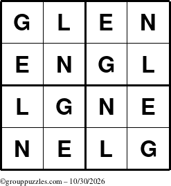 The grouppuzzles.com Answer grid for the Glen puzzle for Friday October 30, 2026