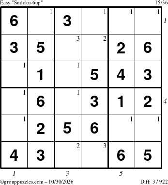 The grouppuzzles.com Easy Sudoku-6up puzzle for Friday October 30, 2026, suitable for printing, with all 3 steps marked