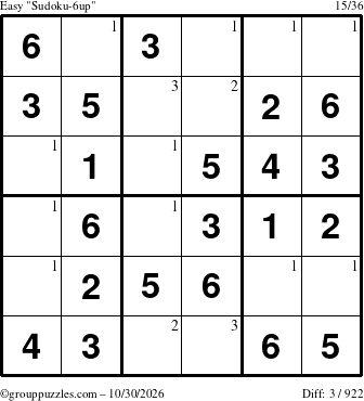 The grouppuzzles.com Easy Sudoku-6up puzzle for Friday October 30, 2026 with the first 3 steps marked