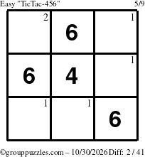 The grouppuzzles.com Easy TicTac-456 puzzle for Friday October 30, 2026 with the first 2 steps marked