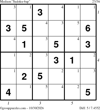 The grouppuzzles.com Medium Sudoku-6up puzzle for Friday October 30, 2026, suitable for printing, with all 5 steps marked
