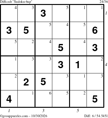 The grouppuzzles.com Difficult Sudoku-6up puzzle for Friday October 30, 2026, suitable for printing, with all 6 steps marked