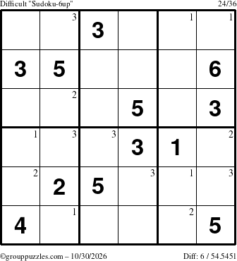 The grouppuzzles.com Difficult Sudoku-6up puzzle for Friday October 30, 2026 with the first 3 steps marked