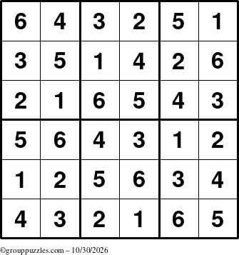 The grouppuzzles.com Answer grid for the Sudoku-6up puzzle for Friday October 30, 2026