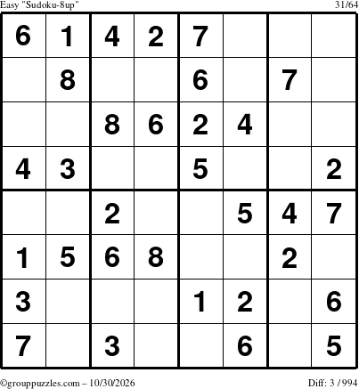 The grouppuzzles.com Easy Sudoku-8up puzzle for Friday October 30, 2026