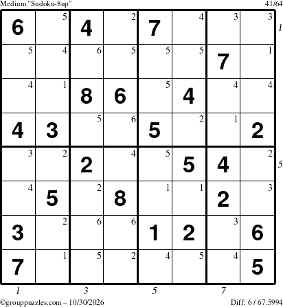The grouppuzzles.com Medium Sudoku-8up puzzle for Friday October 30, 2026, suitable for printing, with all 6 steps marked
