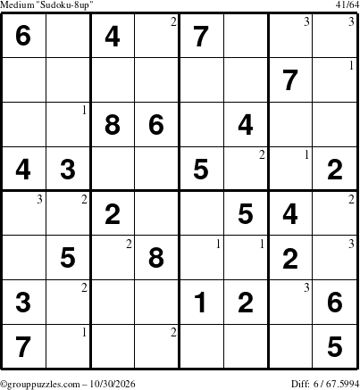 The grouppuzzles.com Medium Sudoku-8up puzzle for Friday October 30, 2026 with the first 3 steps marked