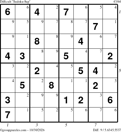 The grouppuzzles.com Difficult Sudoku-8up puzzle for Friday October 30, 2026 with all 9 steps marked