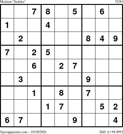 The grouppuzzles.com Medium Sudoku puzzle for Friday October 30, 2026