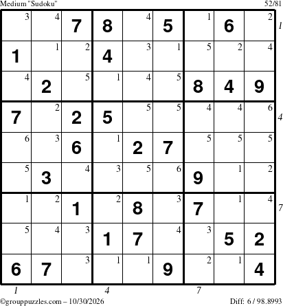 The grouppuzzles.com Medium Sudoku puzzle for Friday October 30, 2026, suitable for printing, with all 6 steps marked