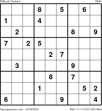 The grouppuzzles.com Difficult Sudoku puzzle for Friday October 30, 2026