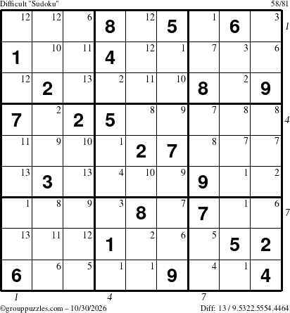 The grouppuzzles.com Difficult Sudoku puzzle for Friday October 30, 2026 with all 13 steps marked