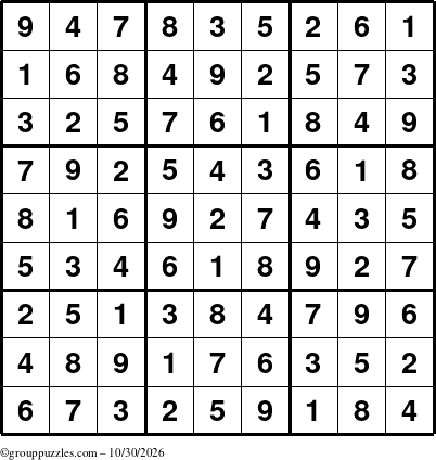 The grouppuzzles.com Answer grid for the Sudoku puzzle for Friday October 30, 2026