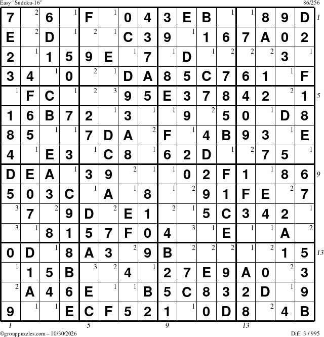 The grouppuzzles.com Easy Sudoku-16 puzzle for Friday October 30, 2026, suitable for printing, with all 3 steps marked