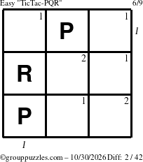 The grouppuzzles.com Easy TicTac-PQR puzzle for Friday October 30, 2026, suitable for printing, with all 2 steps marked