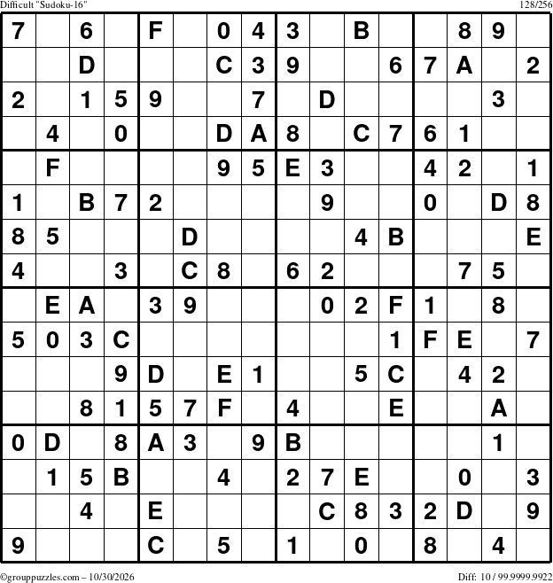 The grouppuzzles.com Difficult Sudoku-16 puzzle for Friday October 30, 2026