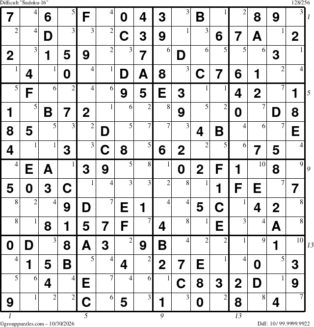 The grouppuzzles.com Difficult Sudoku-16 puzzle for Friday October 30, 2026 with all 10 steps marked