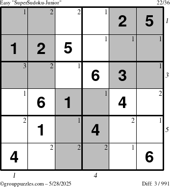 The grouppuzzles.com Easy SuperSudoku-Junior puzzle for Wednesday May 28, 2025, suitable for printing, with all 3 steps marked
