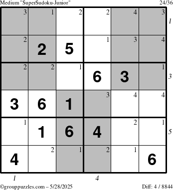 The grouppuzzles.com Medium SuperSudoku-Junior puzzle for Wednesday May 28, 2025, suitable for printing, with all 4 steps marked